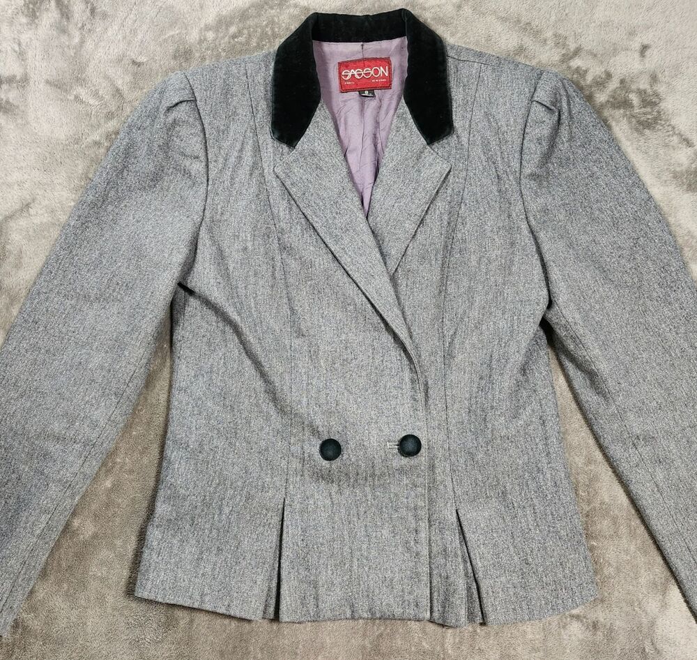 Sasson Vintage Gray Wool Blend Jacket Lined Blazer Velvet Collar Equestrian S